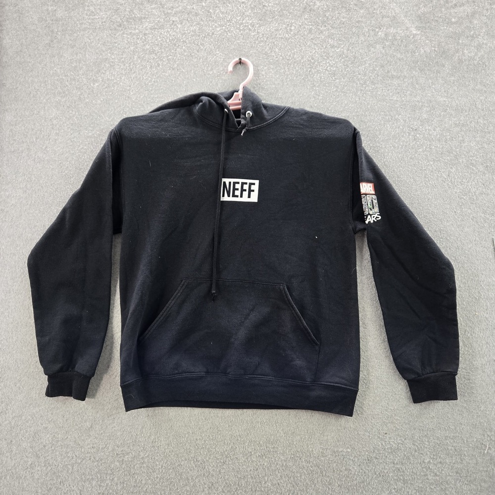 Neff x Marvel Hoodie M Black Graphic Print Fleece Marvel Heroes Pullover Logo